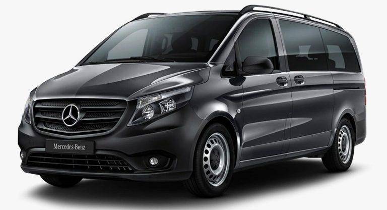 Dark grey Mercedes-Benz Vito passenger van for private group transfers, taxi fleets, and airport transport.