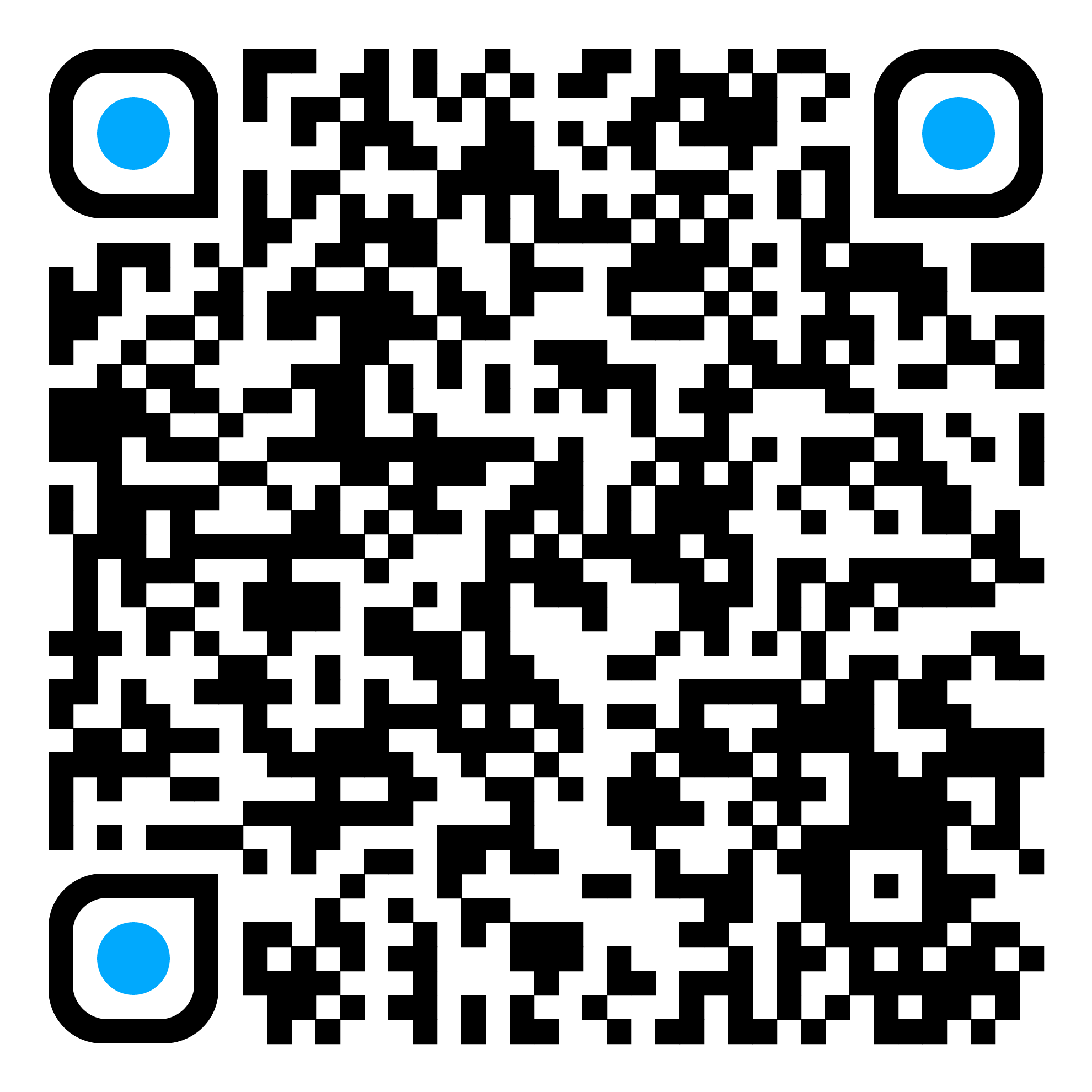 Scannable QR code with custom blue corner markers for mobile app download or link access.