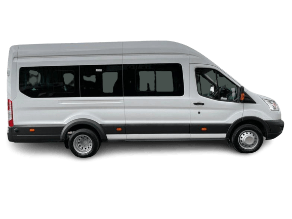 White Ford Transit minibus luxury group transport vehicle available for private airport transfers and corporate travel.